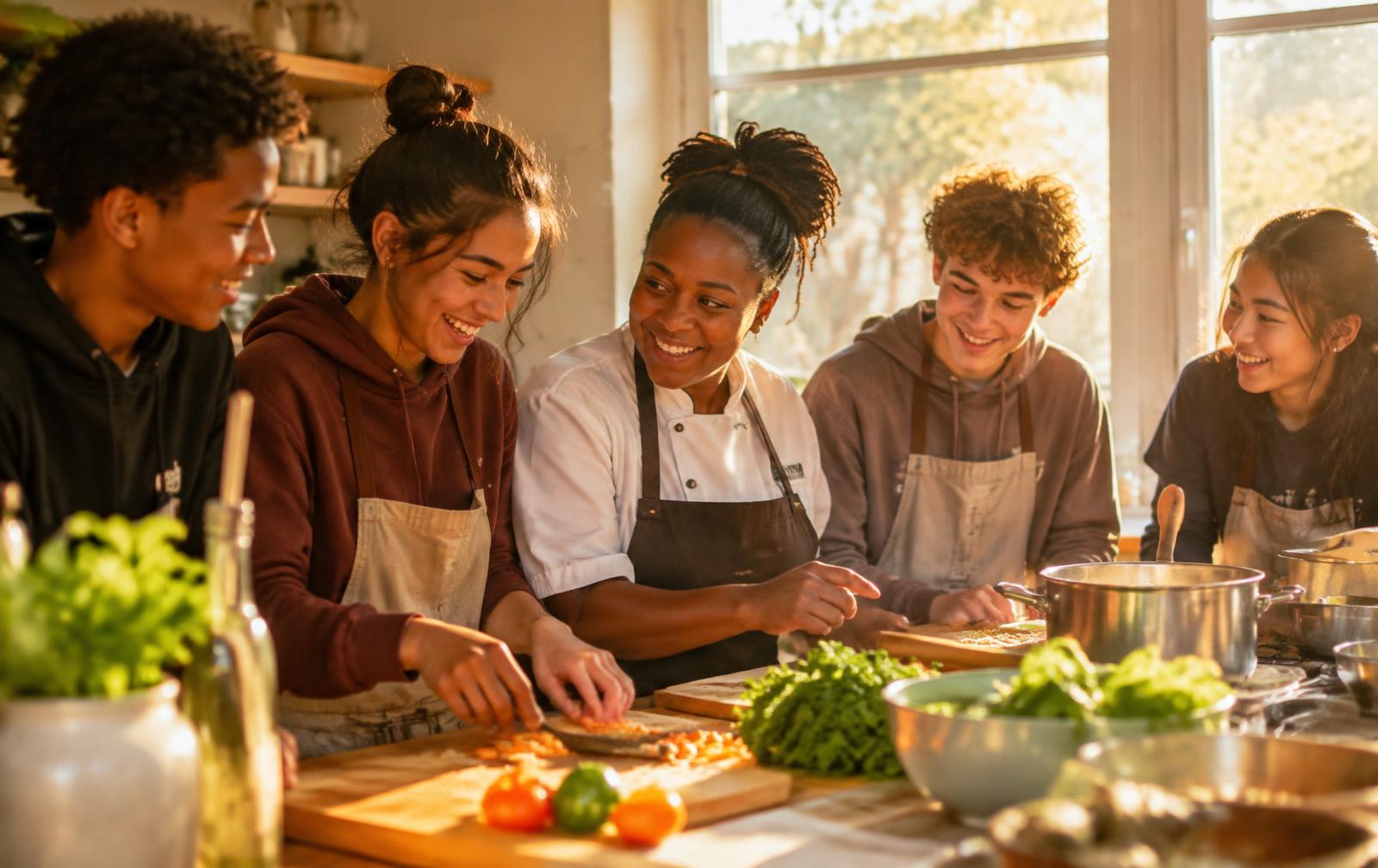 Teens cooking together with a mentor